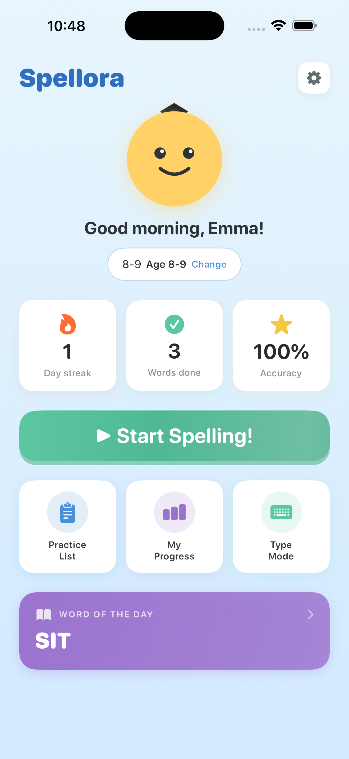 Spellora app home screen showing Spello mascot